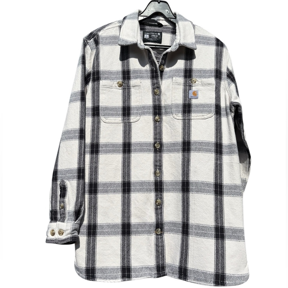 CARHARTT Black & White Plaid Work Shirt Jacket Loose Fit Size Large EUC - Picture 3 of 4